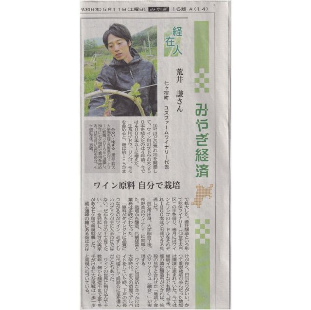 2024.5.11 河北新報様にて取り上げていただきました！
この写真は10日ほど前のものですが、ぶどうの芽は既に倍ぐらいに生育してきています！　なお、雑草も..（汗）

さて、昨年収穫のワインやシードルも、最終の仕上げの工程となり瓶詰めを迎えております。
心に染み渡るような製品をお届けできるよう頑張ってまいります！

また、改めて畑の様子を上げさせていただきますが、
本年植え付けていただいた苗木たちも無事に芽吹き、完璧に近い形で勢いよく生育しております！

記事の通り、
こうしてワイナリー設立の目標に向かって歩んでおります。
まだまだクリアしないといけない事柄や壁はありますが、
実現に向けて足を止めずに突き進んで参ります。
この先も、温かいご声援、どうぞよろしくお願いいたします。

#Yuzfarm&vineyard #ユズファーム #エノログ #OEnologue #ワイン醸造技術管理士 #宮城県 #七ヶ宿町 #仙南 #ワイン #WINE #日本ワイン #宮城ワイン #ワイナリー目指して #日本ワインを日常に #畑からワインへ #風土 #テロワール #シャルドネ #ピノノワール #ソーヴィニヨンブラン #カベルネフラン #メルロー #ピノグリ #リースリング #シードル #りんご栽培  #ジュース #6次産業化